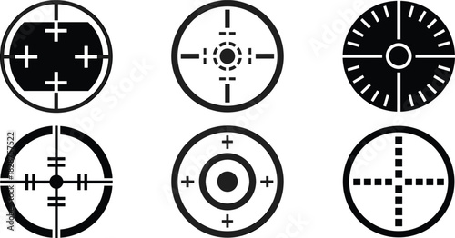 Stylized black and white crosshair icons, perfect for gaming, targeting systems, scopes, military UI, and precision interface vector illustrations