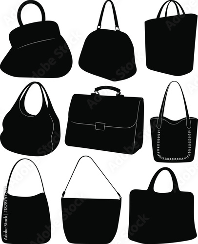 Black handbag silhouettes in various styles and shapes, ideal for fashion, accessories, retail, product design, and stylish vector illustration themes
