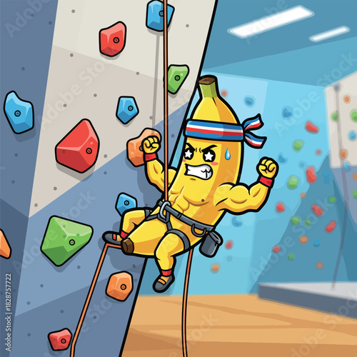 Cute muscular banana climbing a rock wall, determined expression, bold outlines, colorful vector design