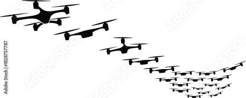 Black silhouettes of quadcopter drones in descending flight formation, ideal for aerial technology, drone swarms, motion design, and vector illustrations
