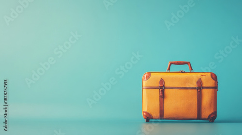 Vintage Yellow Suitcase on Minimalist Blue Background for Travel Themes