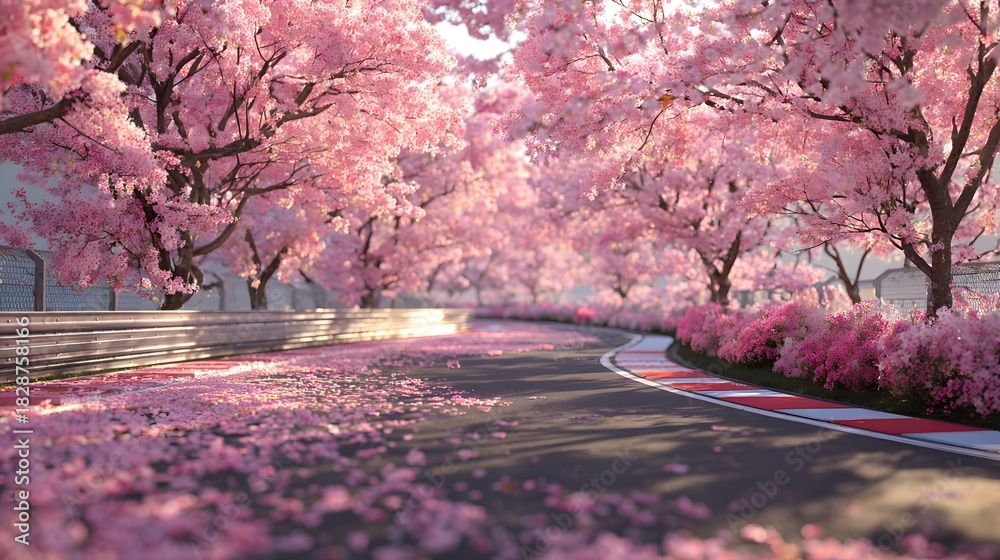 Fototapeta premium A race track winding through blooming pink cherry blossom trees on a sunny day.