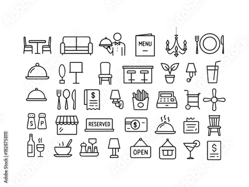 Beverage Coffee and Bar Service Line Icons Set - Juice Cocktail Tea and Drink Menu Vector