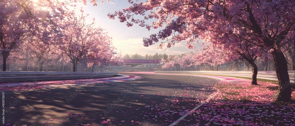 Fototapeta premium A race track winding through blooming pink cherry blossom trees on a sunny day.