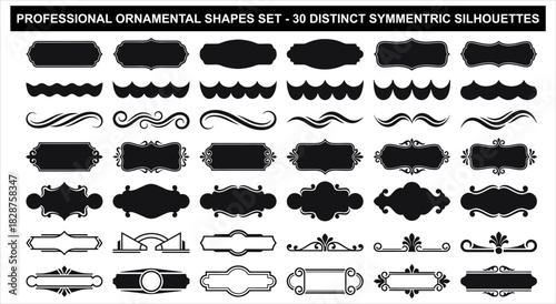 Professional vector ornamental shapes set featuring vintage symmetric frames, elegant scroll dividers, and decorative classic banners.