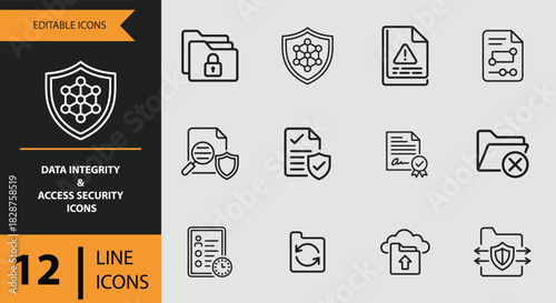 Data integrity and access security outline icon set isolated on white background