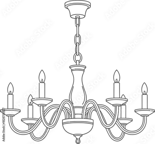 Elegant six arm candle style chandelier in a minimalist line drawing silhouette