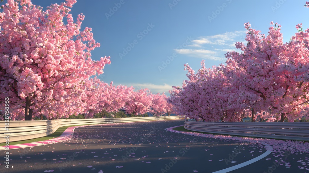 Fototapeta premium A race track winding through blooming pink cherry blossom trees on a sunny day.