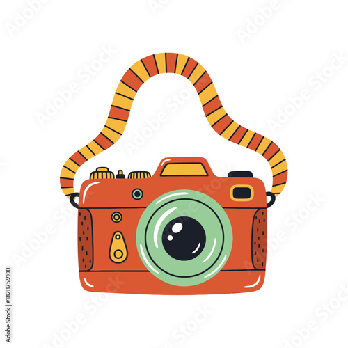 Cute Cartoon Vintage Camera with Striped Strap - Retro Photography Icon