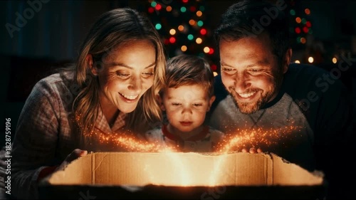 Happy family opening a magical Christmas gift box with glowing light and sparkles. Parents and son looking inside a present with amazement near a Christmas tree. Holiday surprise concept