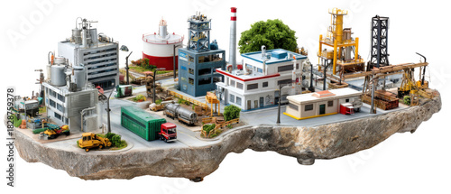 Miniature Industrial Landscape: A detailed miniature scene showcasing a dynamic industrial complex, featuring various structures and transport elements to represent the industry.