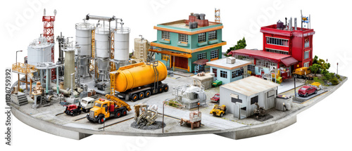 Miniature Industrial Oasis: A detailed and captivating model captures the essence of an industrial complex, showcasing various buildings, equipment, and vehicles in a miniature city.