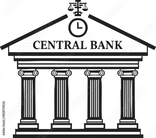 Central Bank Building Illustration with Scales of Justice and Clock