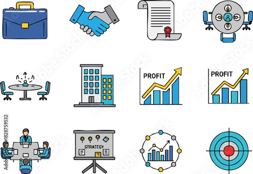 Business Success and Growth Icons Set for Corporate Strategy and Achievements