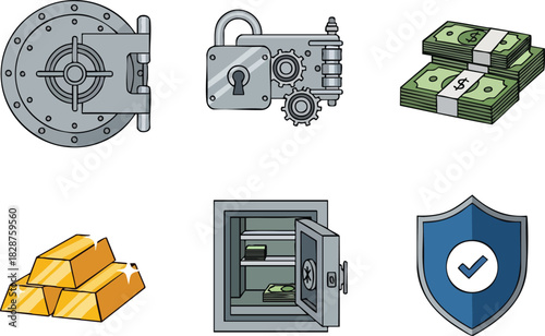 Financial Security Vault, Lock, Gold, and Shield Icons for Protection