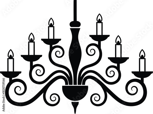 Elegant ornate black chandelier with seven lit candles silhouette