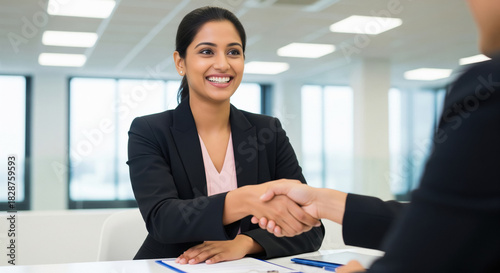 A smiling young Indian professional in a blazer sits across a desk in a bright modern office, confidently shaking hands to finalize a successful interview