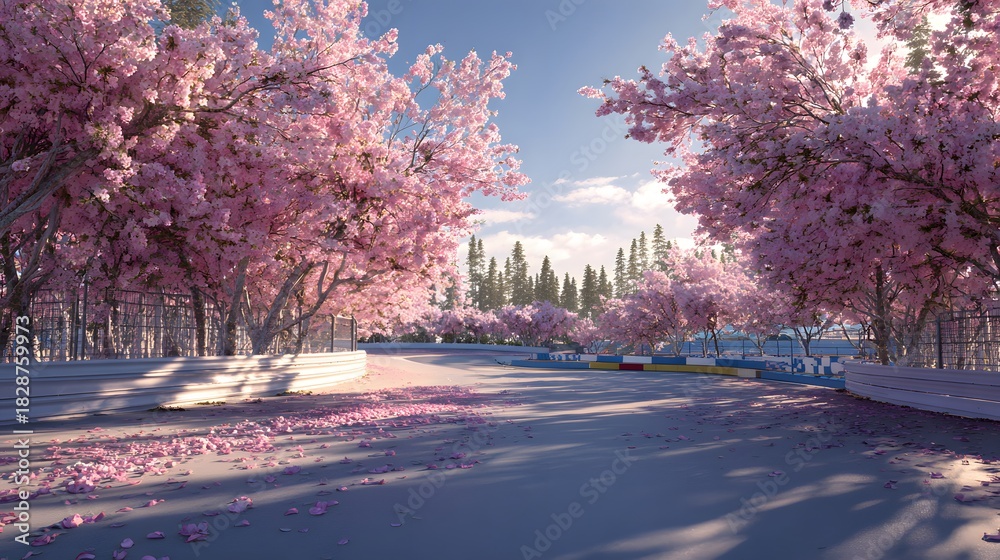 Naklejka premium A race track winding through blooming pink cherry blossom trees on a sunny day.