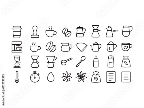 Beverage Coffee and Bar Service Line Icons Set - Juice Cocktail Tea and Drink Menu Vector