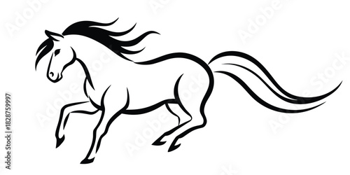 Dynamic black and white illustration of a horse in motion