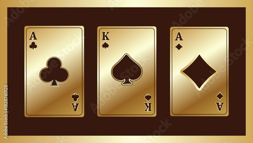 Luxury Gold Playing Cards Featuring Ace of Clubs, King of Spades, and Ace of Diamonds – Elegant Metallic Card Design for Casino Themes, Poker Graphics, Gambling Art, and High-End Branding