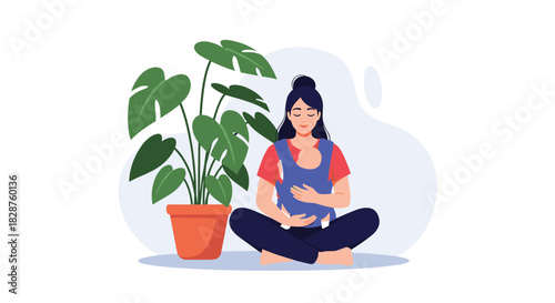 A peaceful mother practices mindfulness while holding her baby in a carrier, creating a serene and loving bond in a calm home environment.