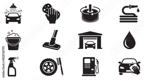 Car wash icons set. Auto car detailer icon. Washing, drying, polishing car parts. Automatic and self-service washing. Vector illustration. EPS 10