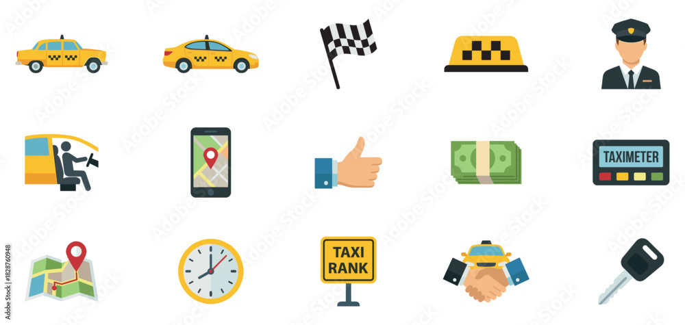 © Yana - Taxi icon set. Taxi service icon set. Taxi car map pin mark. Color signs of taxi stop place. Vector Illustration. ESP 10