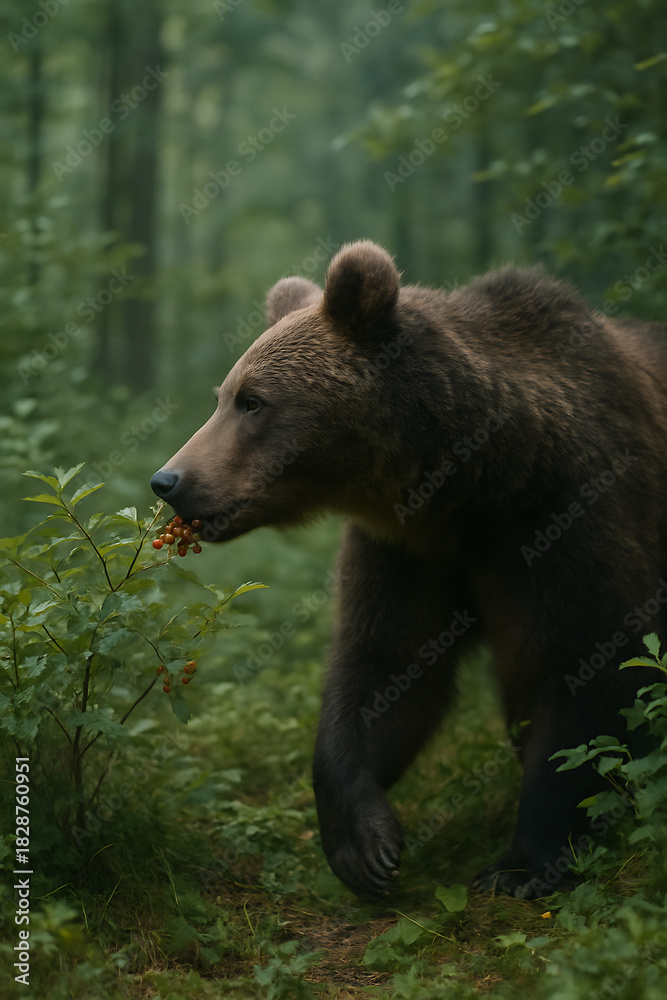 Fototapeta premium 北海道の森でベリーを探すヒグマ / Brown Bear Foraging Berries in Hokkaido Forest