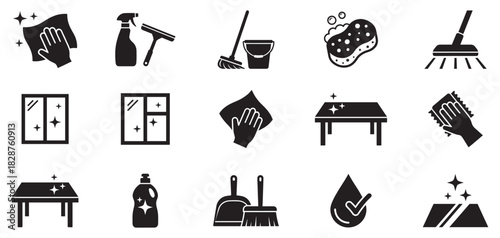 Cleaning icon set. Vector icons for sanitation and cleaning supplies: spray bottle, bubbles, detergent, wiping hand, soap bar, sparkling leaf, clean tag. Vector icon.	
