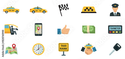 Taxi icon set. Taxi service icon set. Taxi car map pin mark. Color signs of taxi stop place. Vector Illustration. ESP 10	
