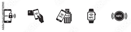 Nfc icon set. Contactless wireless pay sign logo. NFC payments icon for apps. Contactless NFC payment sign. NFC payment with smartphone icons. Vector illustration. EPS 10