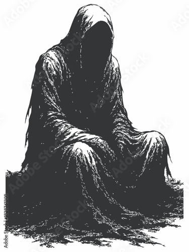 Dark silhouette illustration of a mysterious hooded figure