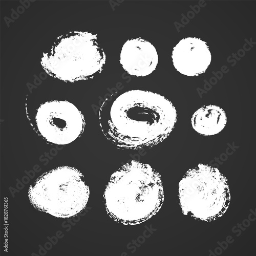 Set of chalk hand drawn circles, around design elements on blackboard Collection of chalked grunge vector hand drawn elements and banners isolated on darck background