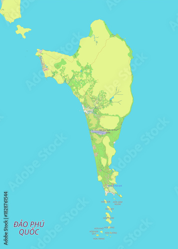This image shows a detailed map of Phu Quoc Island, surrounded by a light blue sea. The island itself is primarily light green, indicating vegetation, with some areas of beige.