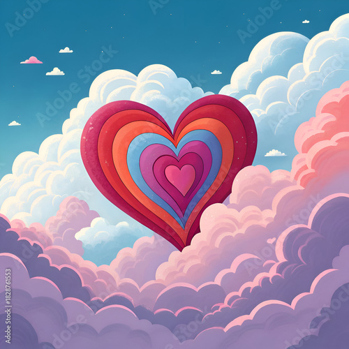 Wallpaper Mural A layered heart floating in a sky filled with fluffy clouds and a light blue background above it Torontodigital.ca