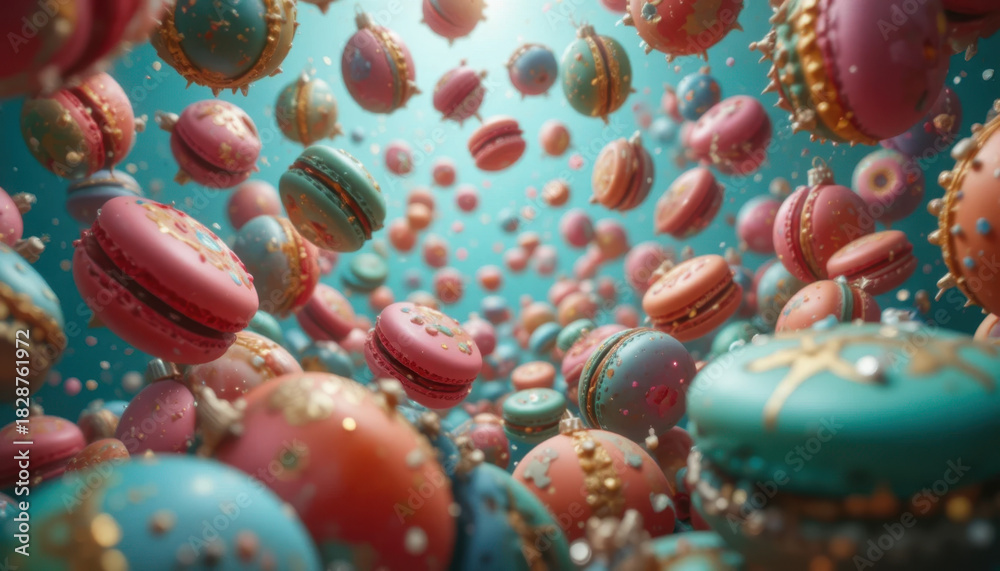 Fototapeta premium Colorful macarons float in whimsical, dreamy scene, surrounded by sparkling decorations. vibrant pink, blue, and orange hues create playful and joyful atmosphere
