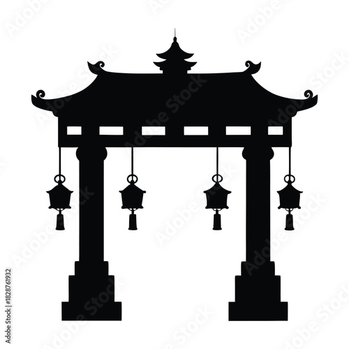 Traditional Chinese Gate Silhouette and Lanterns 