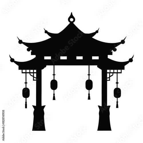 Traditional Chinese Gate Silhouette and Lanterns 