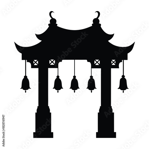Traditional Chinese Gate Silhouette and Lanterns 