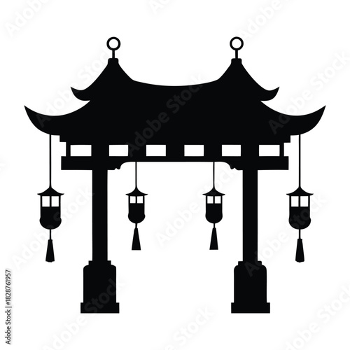 Traditional Chinese Gate Silhouette and Lanterns 