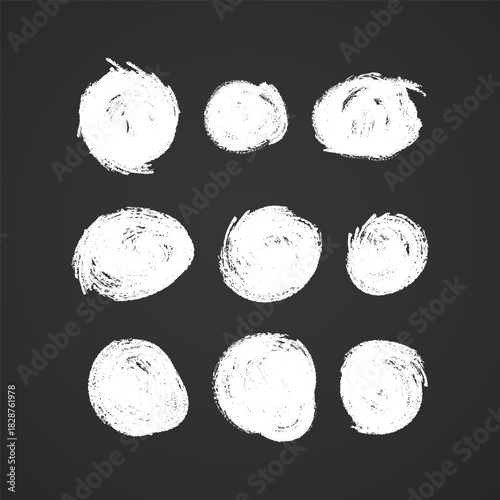 Set of chalk hand drawn circles, around design elements on blackboard Collection of chalked grunge vector hand drawn elements and banners isolated on darck background