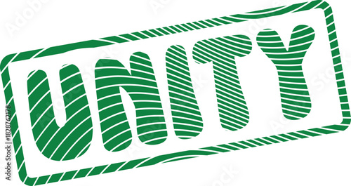 Harmonious green UNITY word stamp with striped pattern conveying togetherness and solidarity