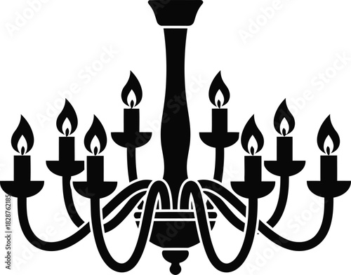 Elegant black silhouette of a multi armed chandelier with burning candles