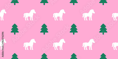 Repeating pattern featuring white ponies and green trees on a pink background. This vector illustration is ideal for playful and decorative designs, evoking a sense of whimsy and charm.
