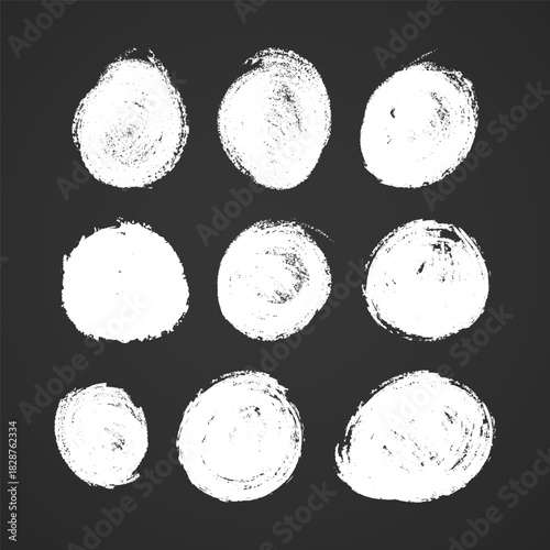 Set of chalk hand drawn circles, around design elements on blackboard Collection of chalked grunge vector hand drawn elements and banners isolated on darck background