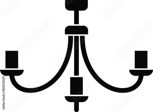 Classic three arm chandelier with candle holders rendered in a simple black silhouette