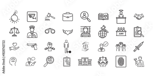 Law and Justice Black Line Art icon Set Containing Criminal, Handcuff, Gun, security,
Innocence, Jury, Book, Diplomatic, Fair, Legal, Lawyer, Judge, Authority, Human right and
more.