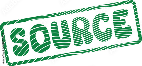 Robust green distressed rubber stamp indicating the word SOURCE with prominent striped texture