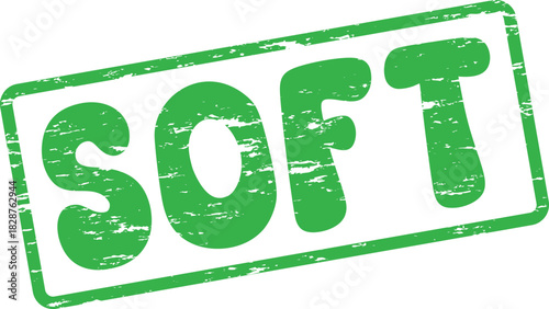 Elegant green distressed rubber stamp presenting the word SOFT in a gentle textured style